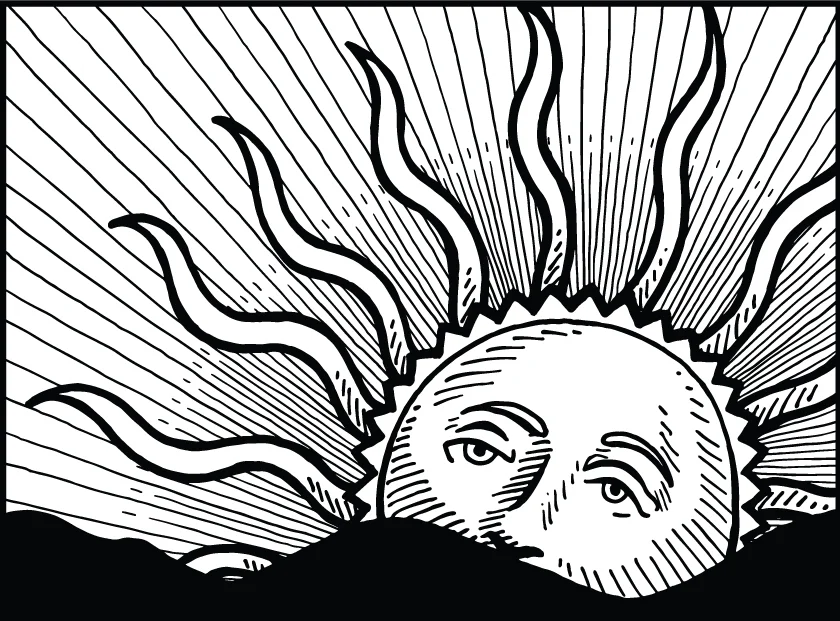 Artistic sun illustration with rays and waves