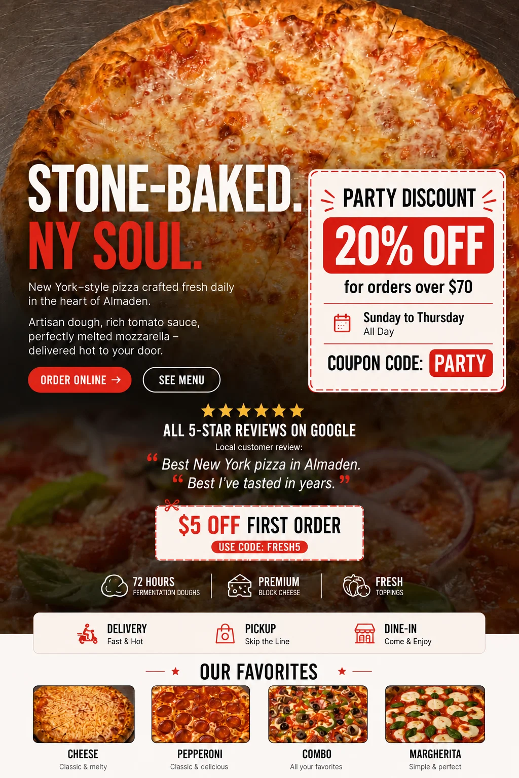 New York-style pepperoni pizza fresh from a stone oven
