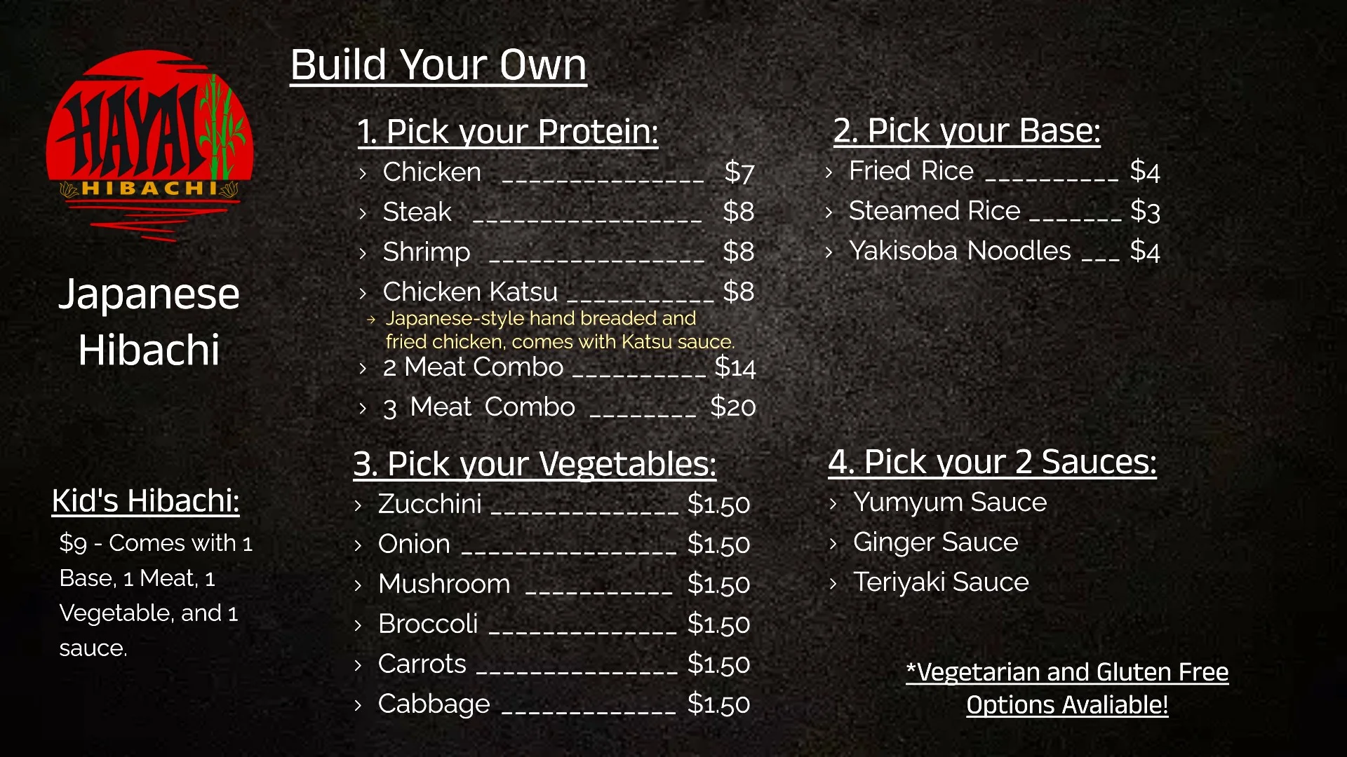 Build your own Japanese hibachi meal with various protein and base options