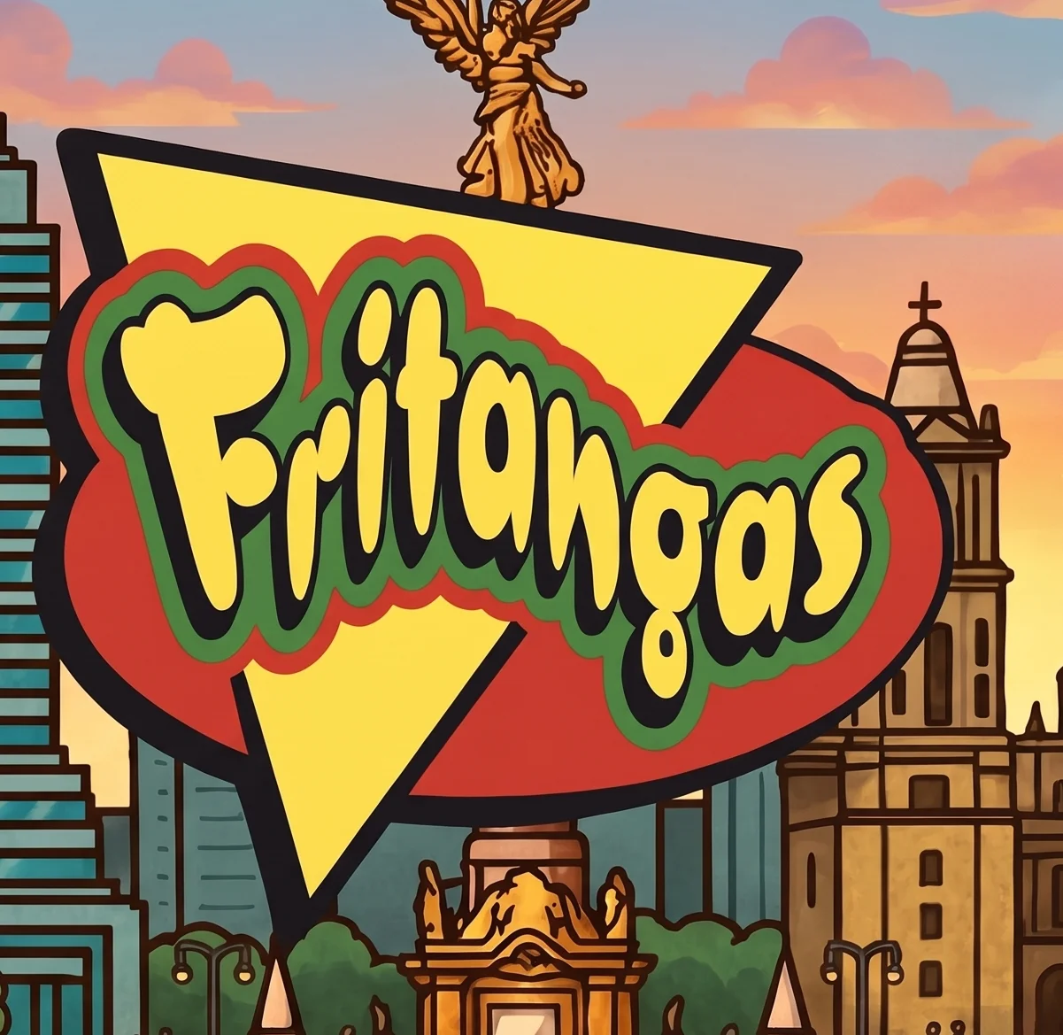 A colorful logo featuring the word 'Fritangas' in a playful font, surrounded by a red and yellow geometric shape.
