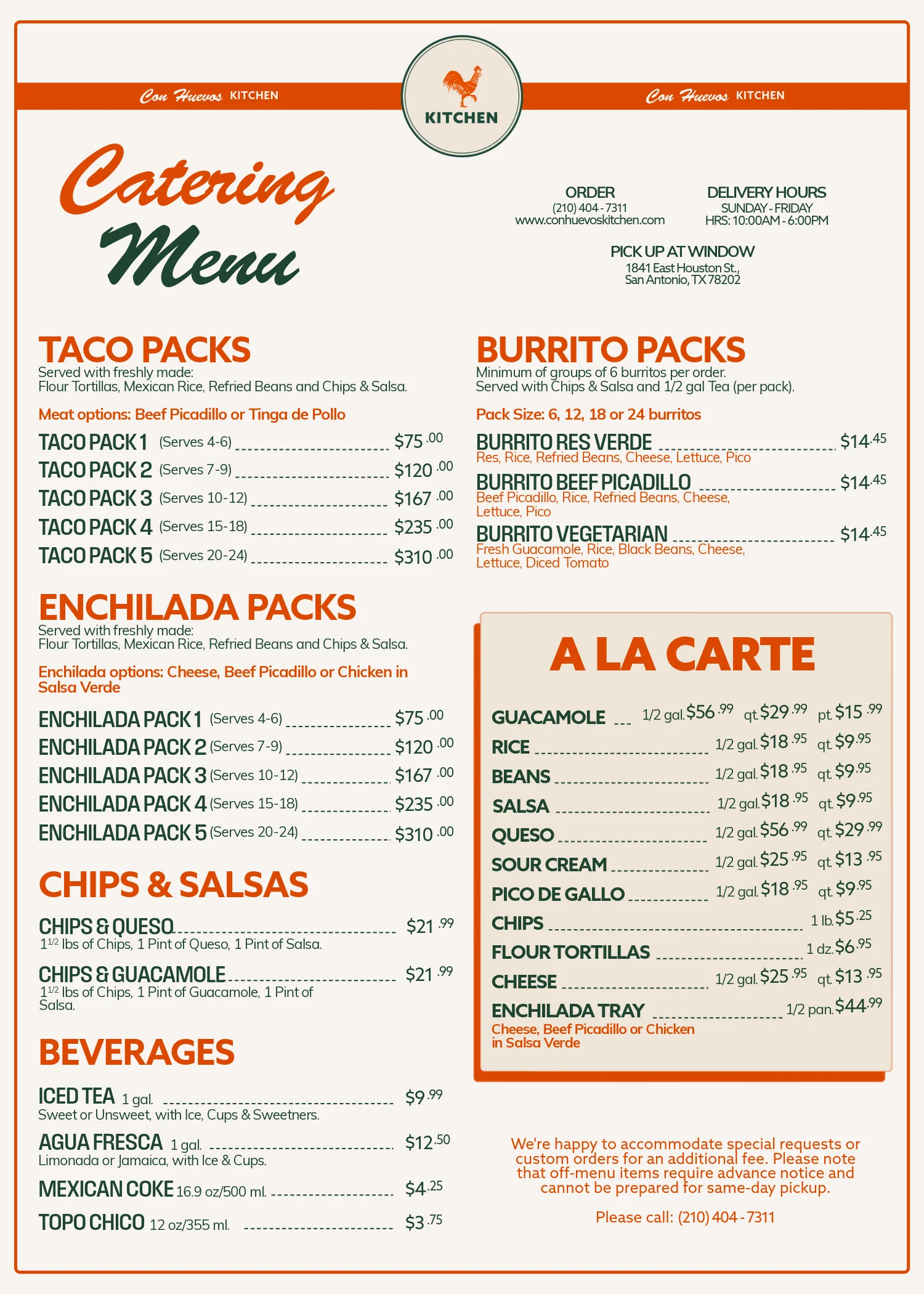 Catering menu featuring taco and burrito packs from a Mexican kitchen