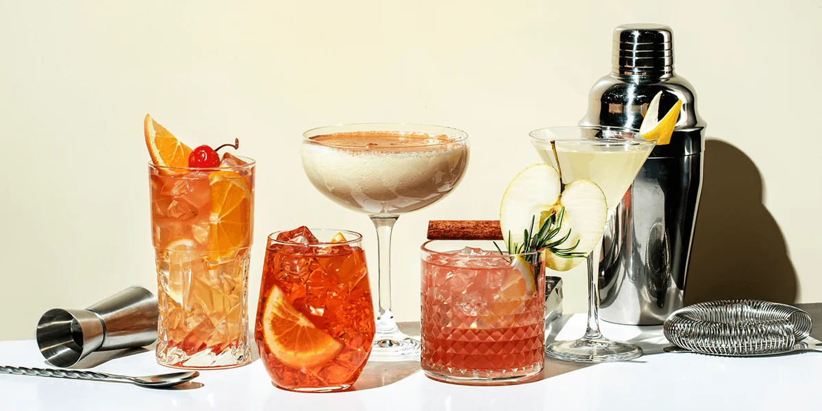 Colorful cocktails displayed on a bar counter