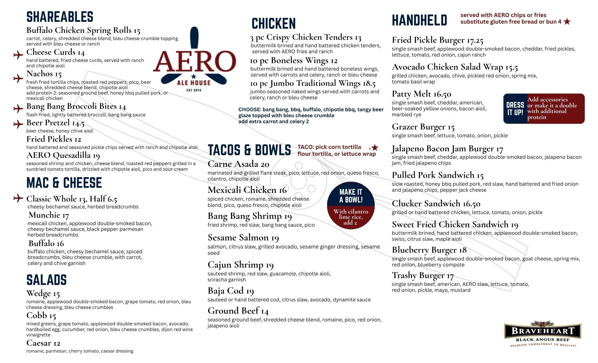 Menu featuring a variety of American comfort food dishes