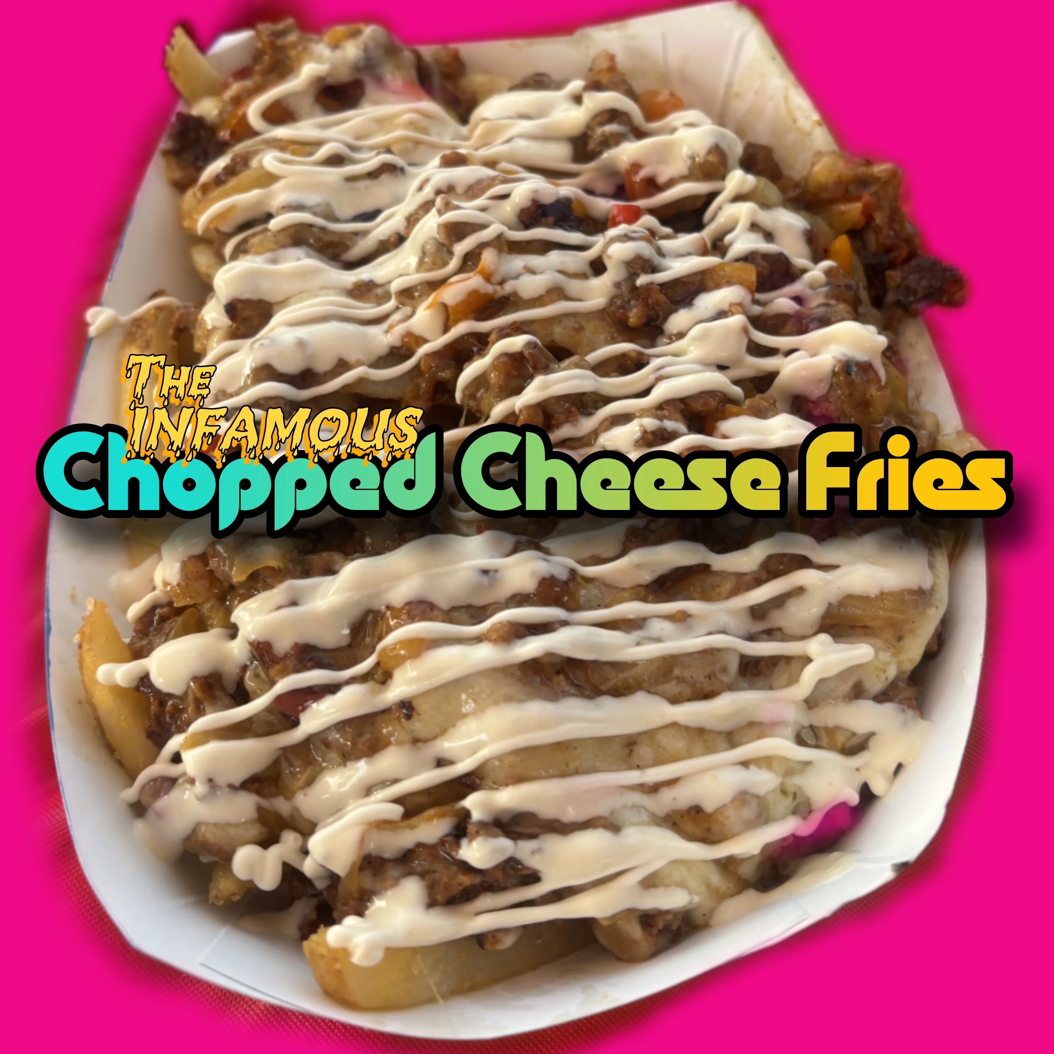 A serving of chopped cheese fries topped with sauce and loaded with meat and vegetables.