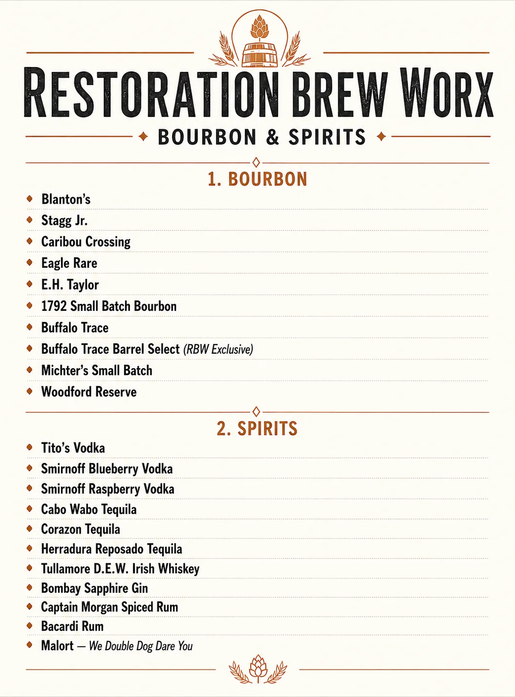 Bourbon and spirits Menu - Restoration Brew Worx Delaware Ohio
