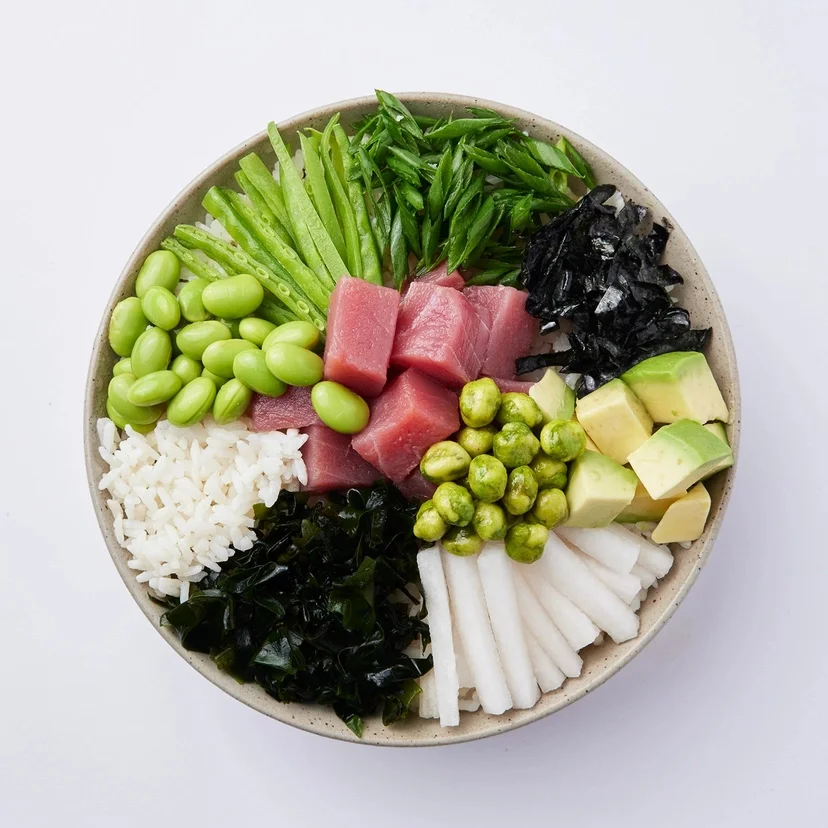 Colorful Japanese poke bowl with fresh seafood and vegetables