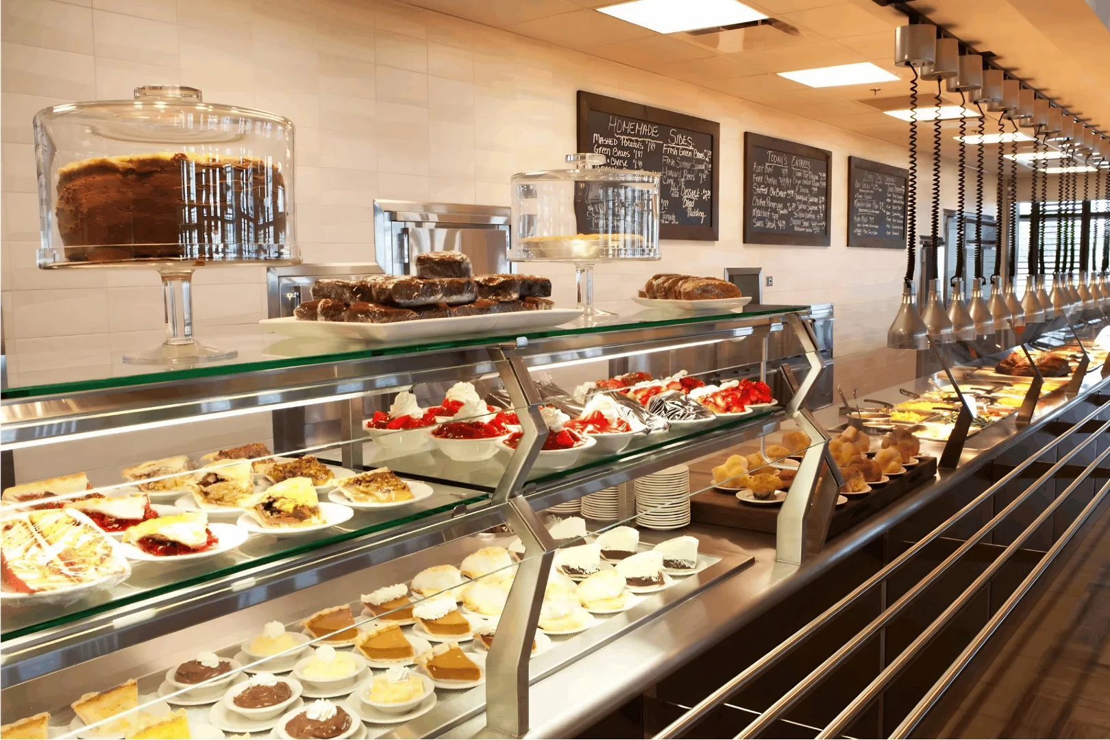 Display case filled with various desserts and pastries in a restaurant.