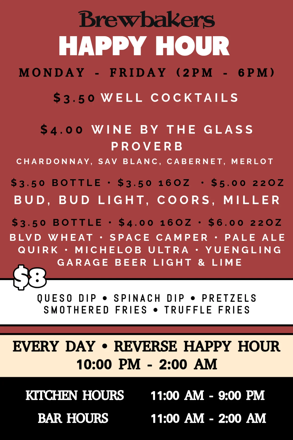 Happy hour menu at Brewbakers featuring drinks and snacks