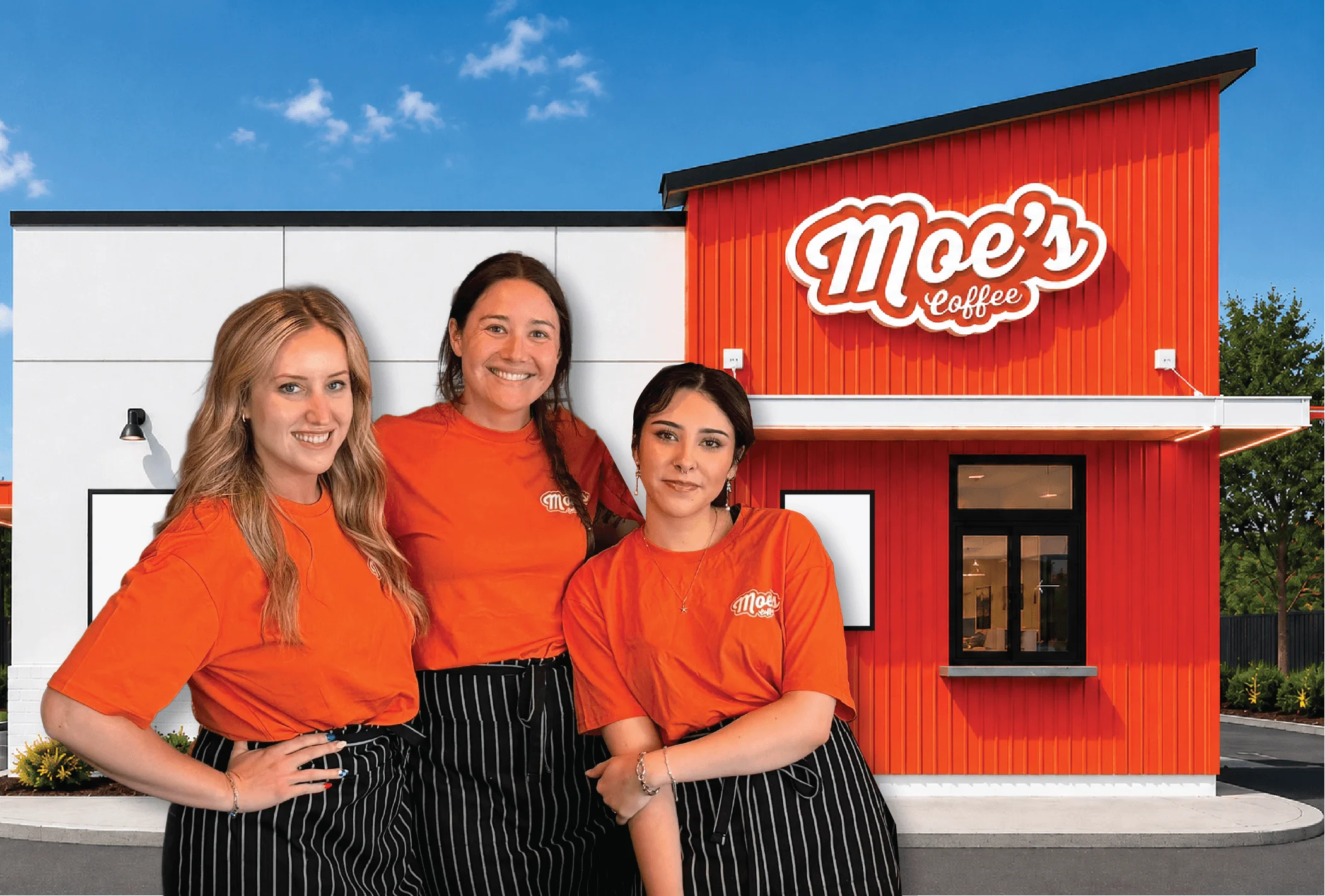 Staff members in orange shirts at Moe's Coffee shop