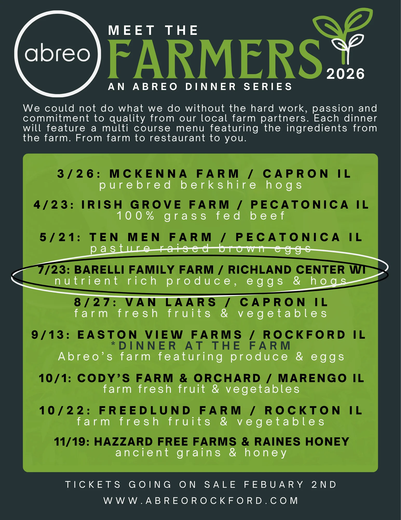 Promotional poster for Abreo's Meet the Farmers dinner series featuring chickens.