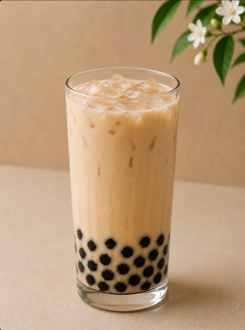 A refreshing beverage with a creamy texture and tapioca pearls at the bottom. The drink is served over ice in a tall glass.