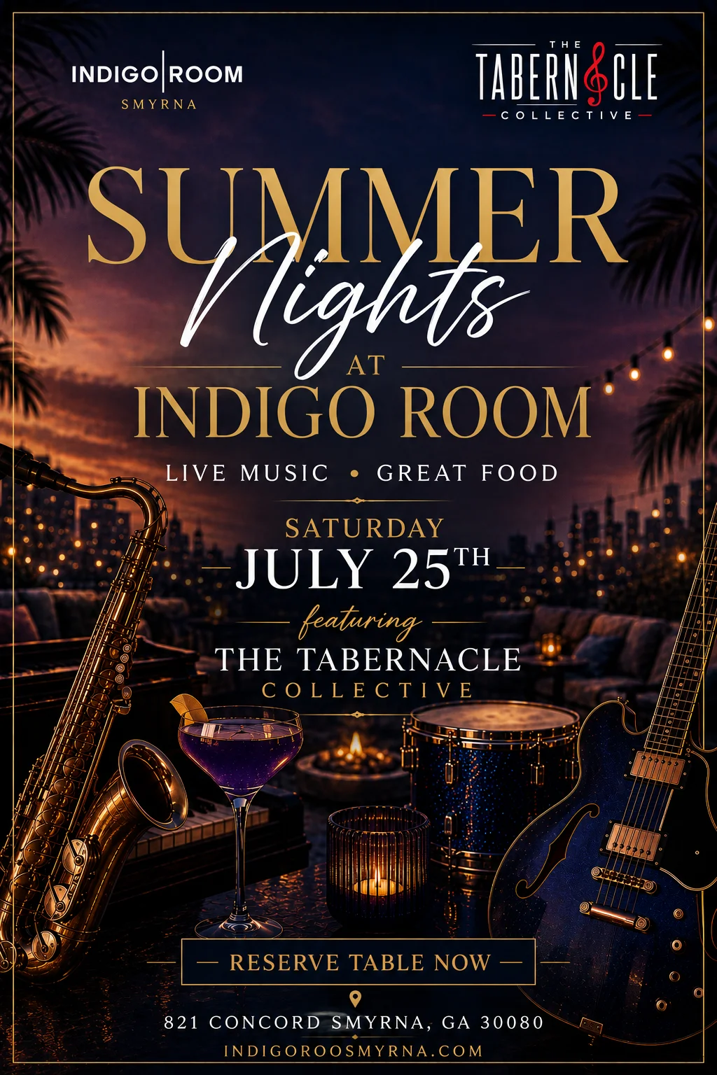 Summer nights event at Indigo Room with live music and cocktails