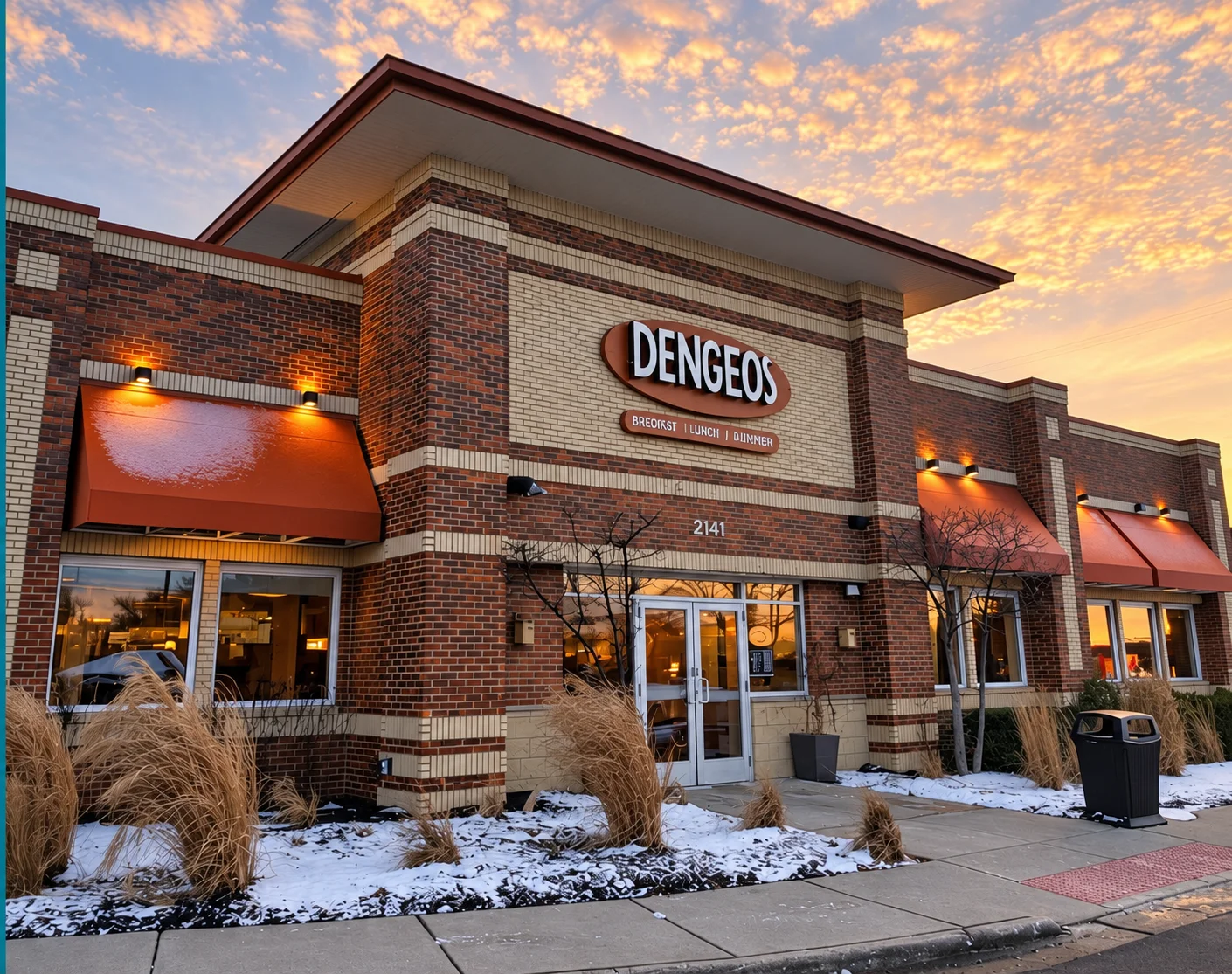 Brick restaurant exterior with illuminated sign at sunset