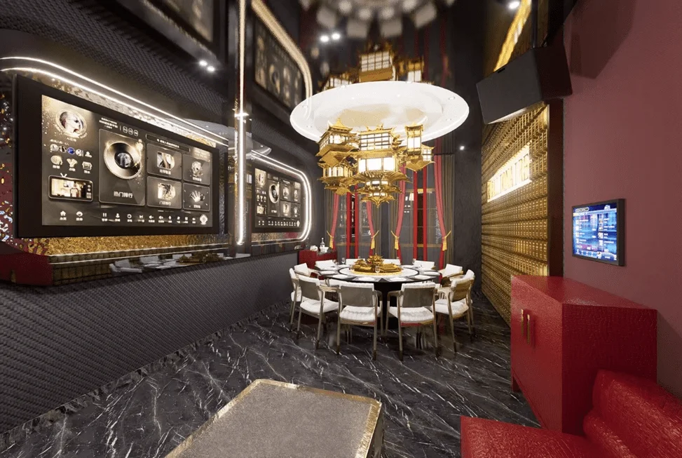 Elegant dining room with modern decor and a large chandelier.