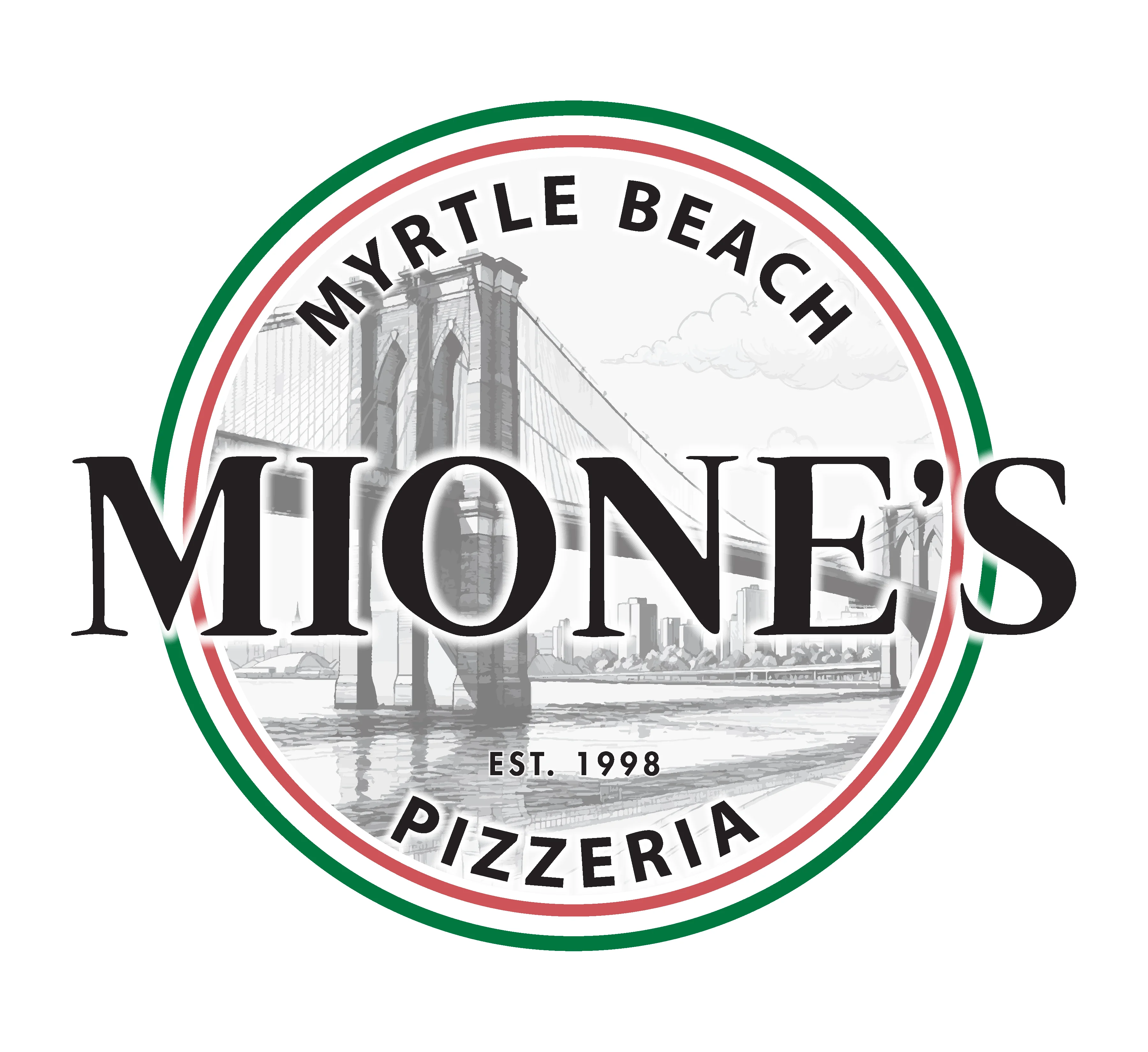A circular logo featuring a bridge illustration with the name 'Mione's Pizzeria' prominently displayed. The logo incorporates colors of green, red, and white, symbolizing Italian heritage.