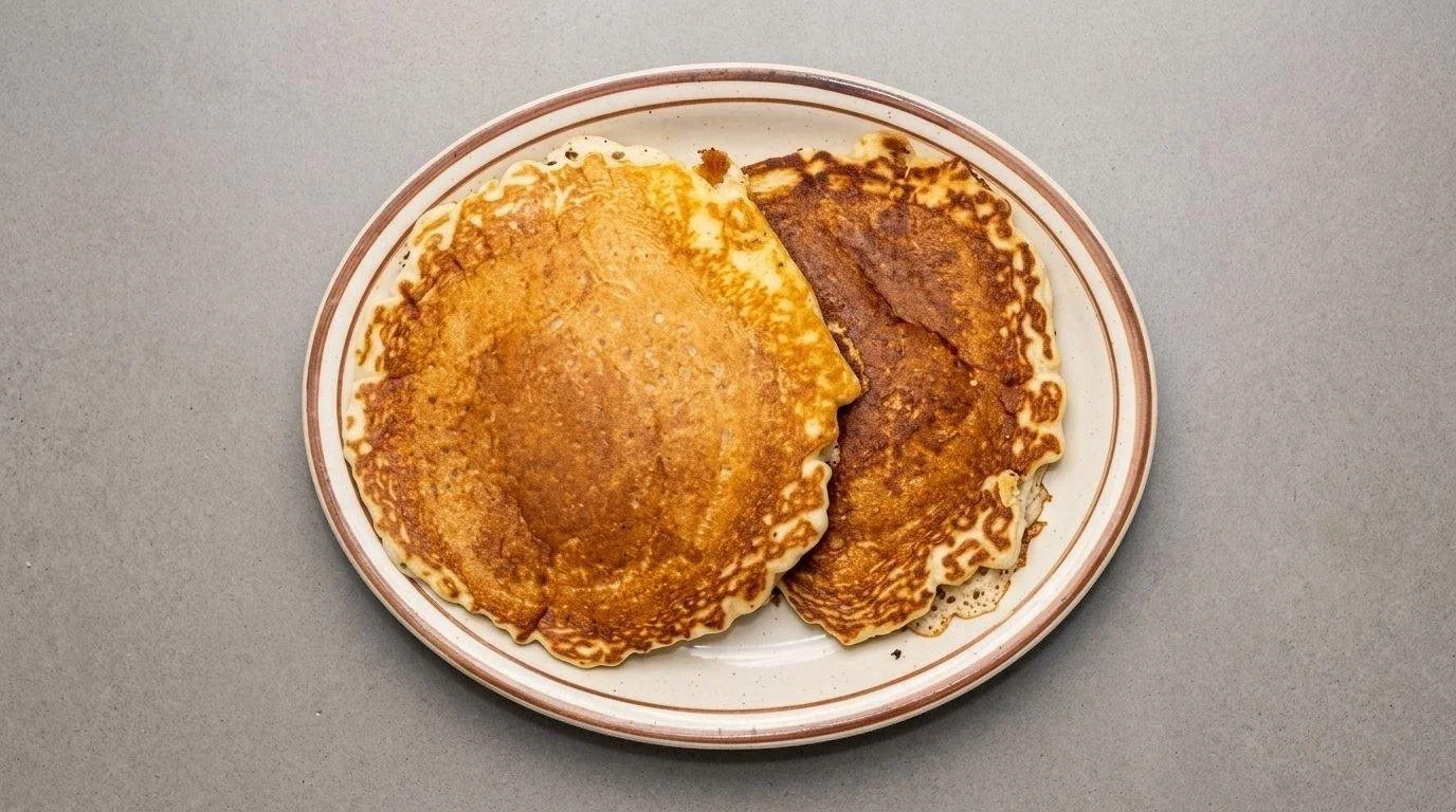 Two golden-brown pancakes stacked on a plate, showcasing their fluffy texture.