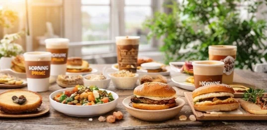 An assortment of breakfast foods and drinks displayed on a table in a bright indoor setting, featuring sandwiches, salads, and coffee cups.