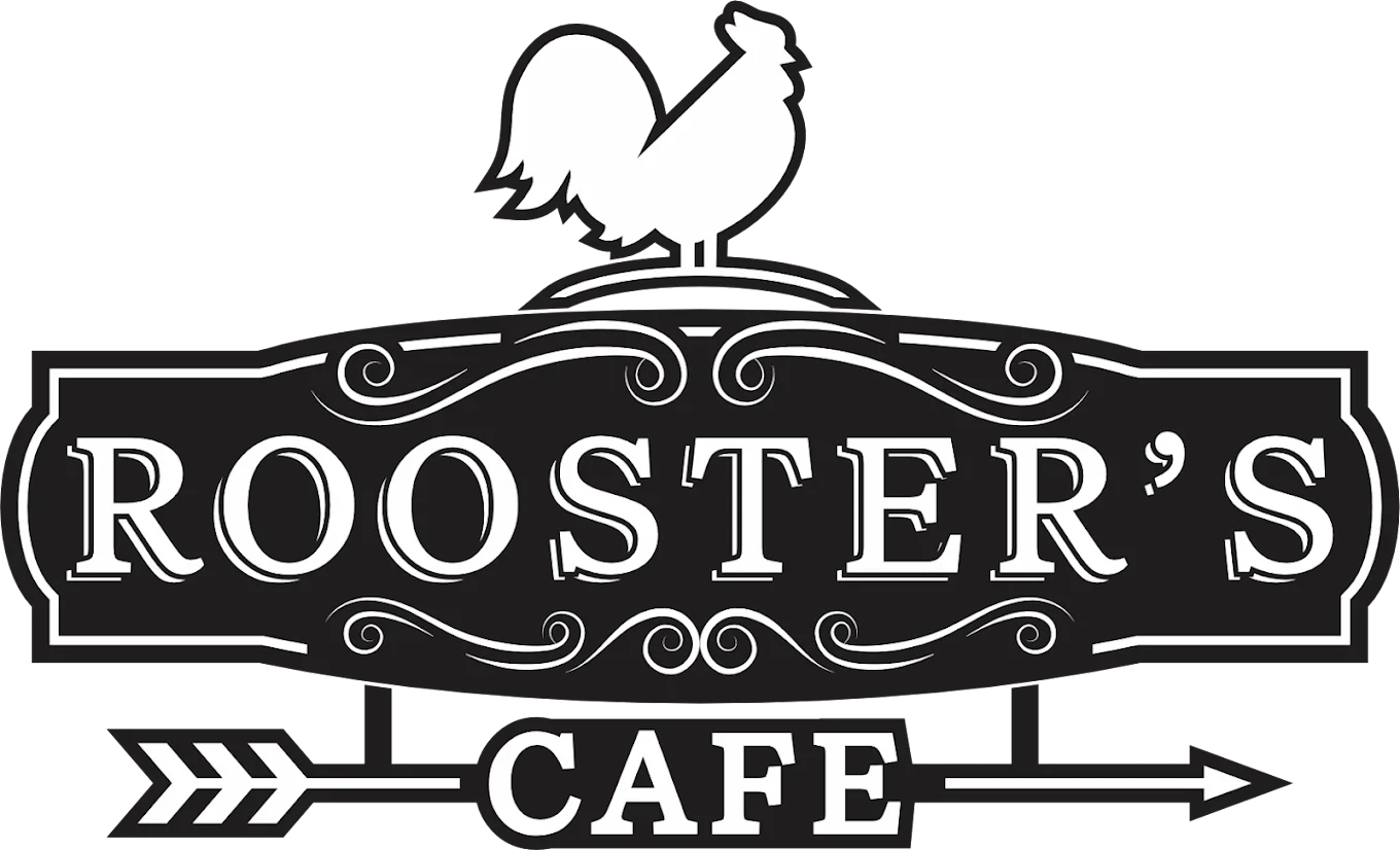 Logo of Rooster's Cafe featuring a rooster silhouette
