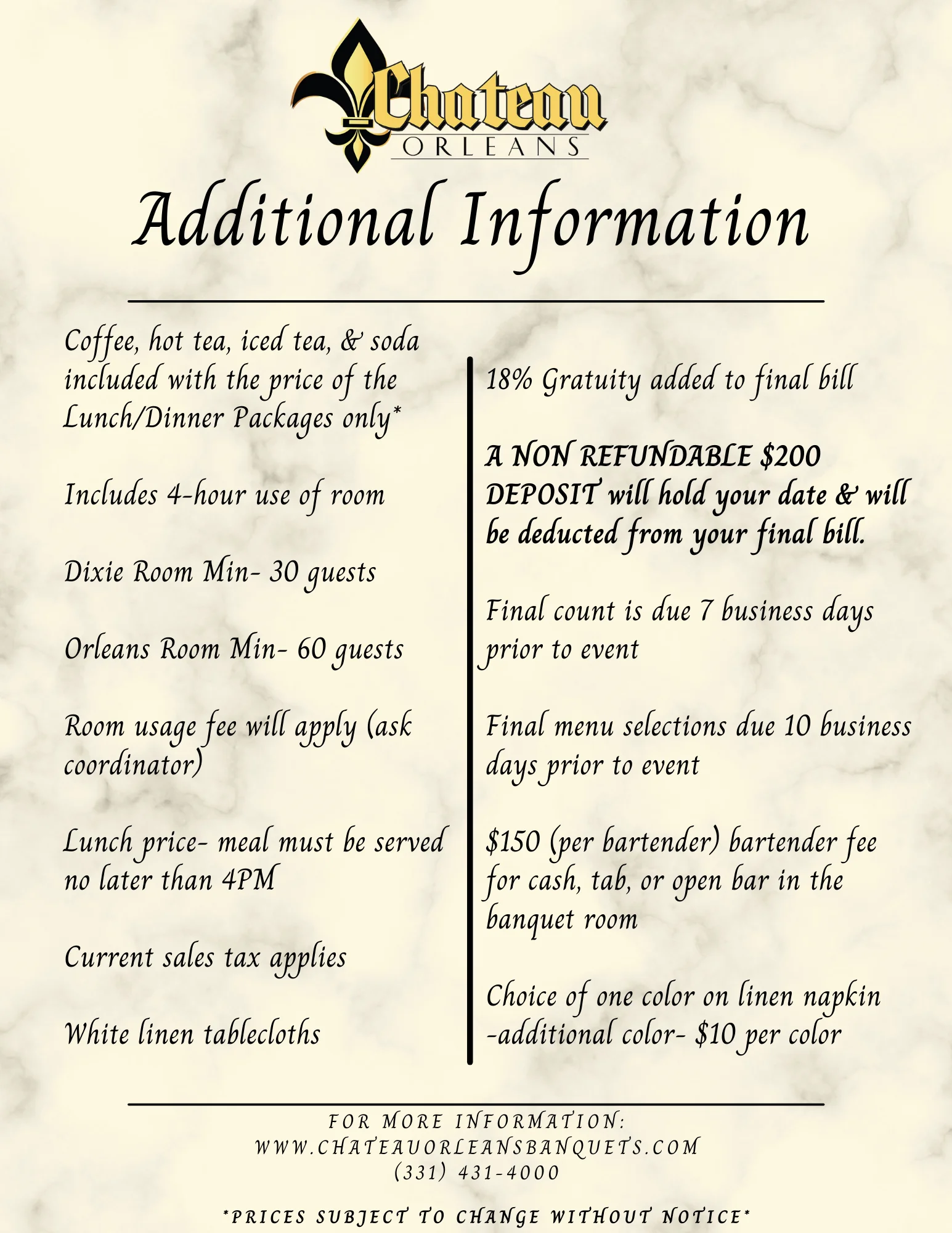 Event information for Chateau Orleans banquet services