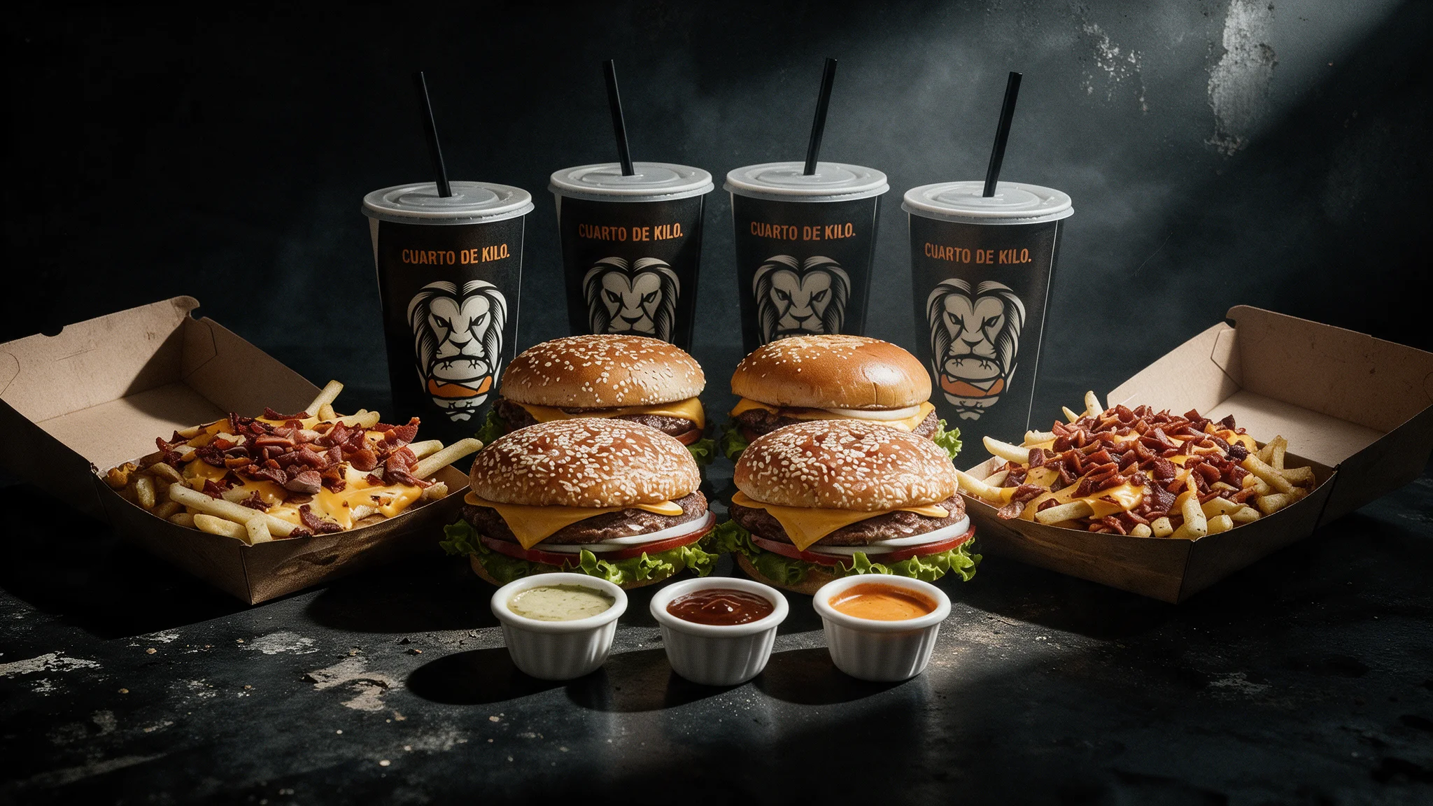 Gourmet cheeseburgers with loaded fries and dipping sauces