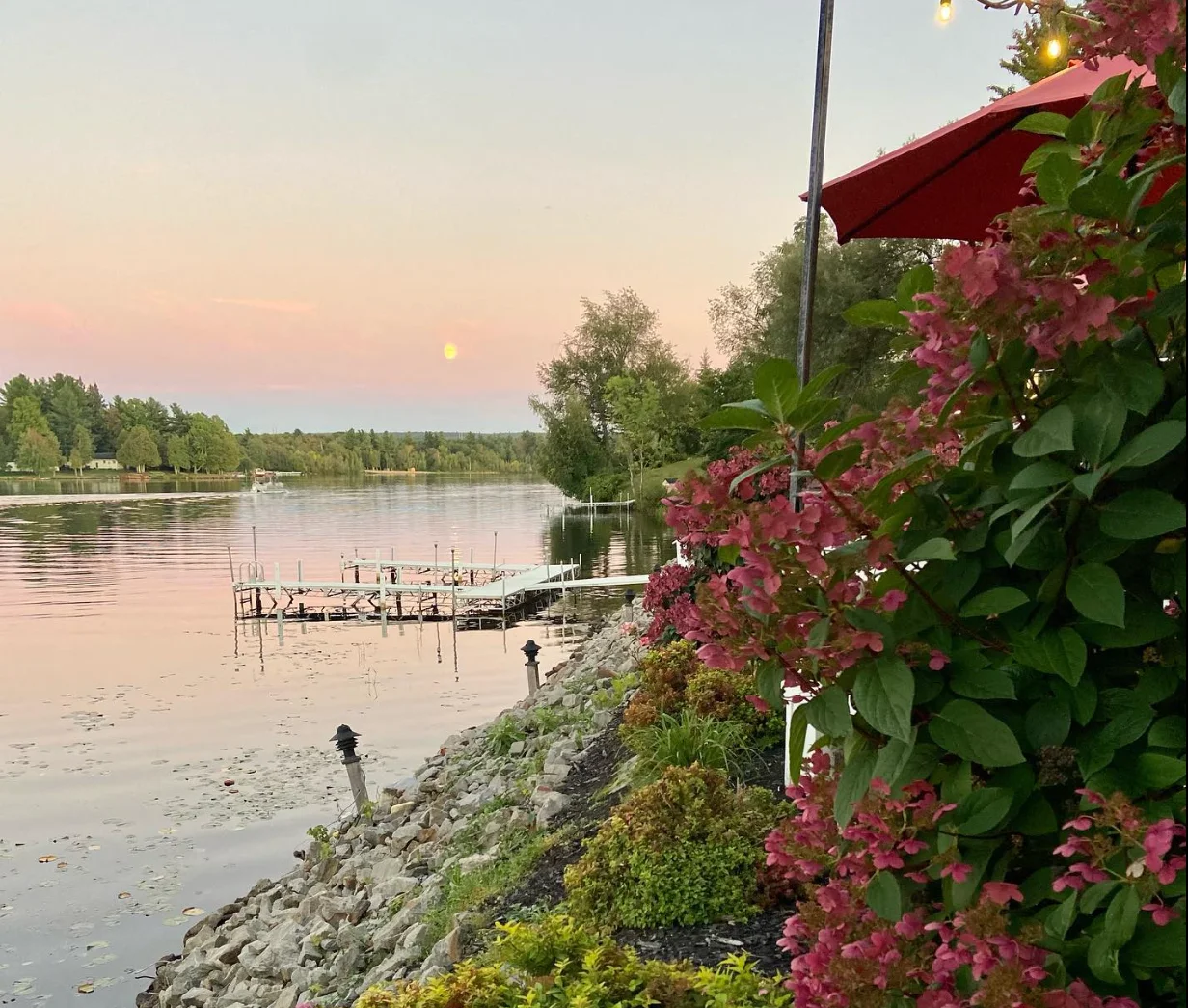 Scenic lakeside view with flowers and sunset