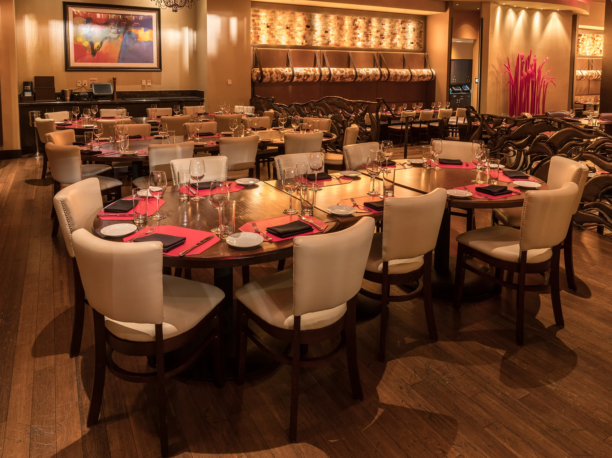 Elegant restaurant interior with round tables and stylish decor