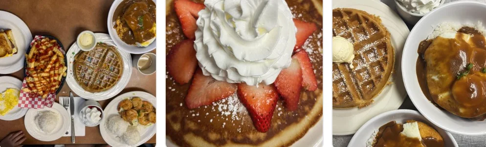 Delicious Southern-style chicken and waffles with strawberries and whipped cream