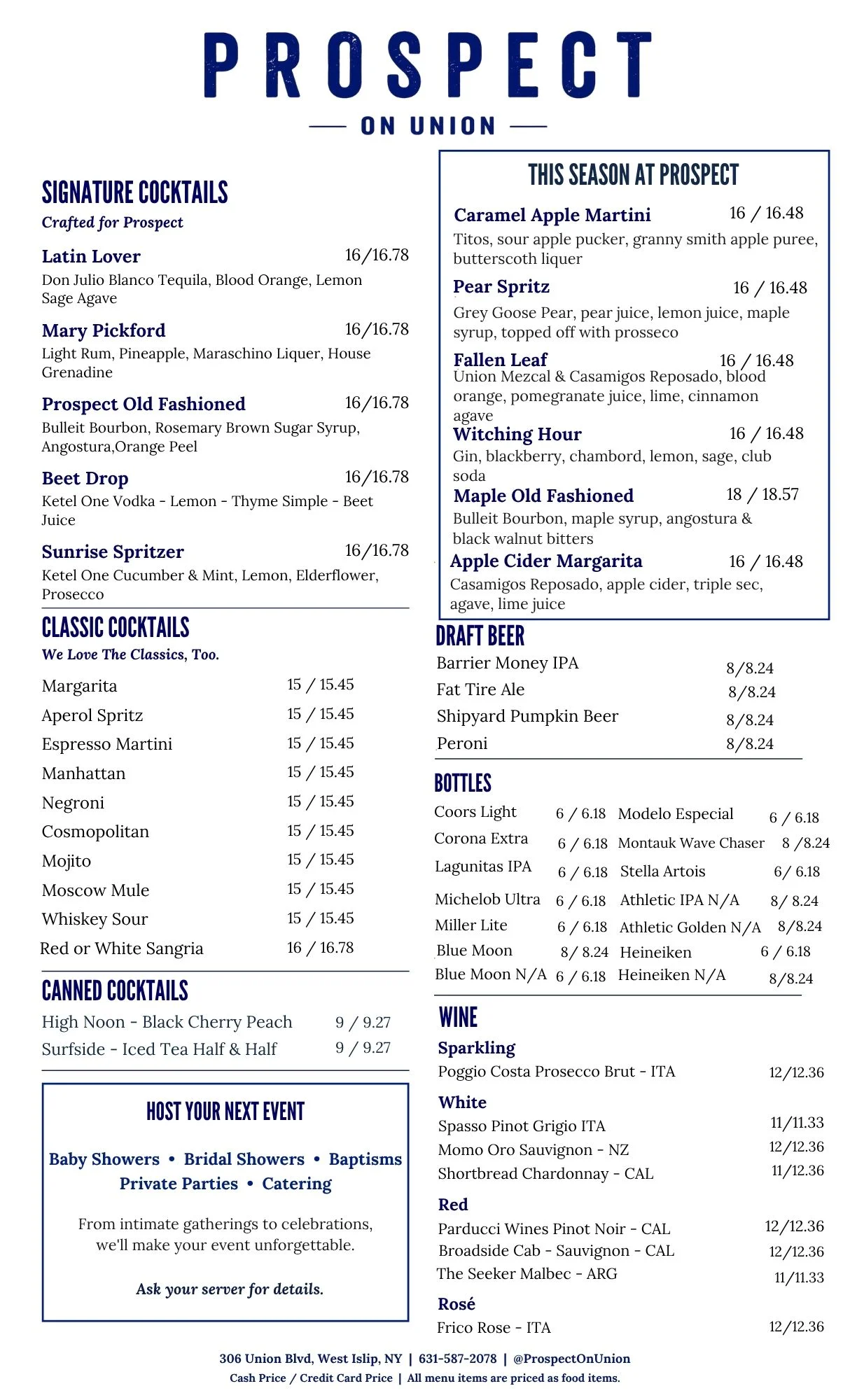 Cocktail menu featuring diverse drinks and spirits