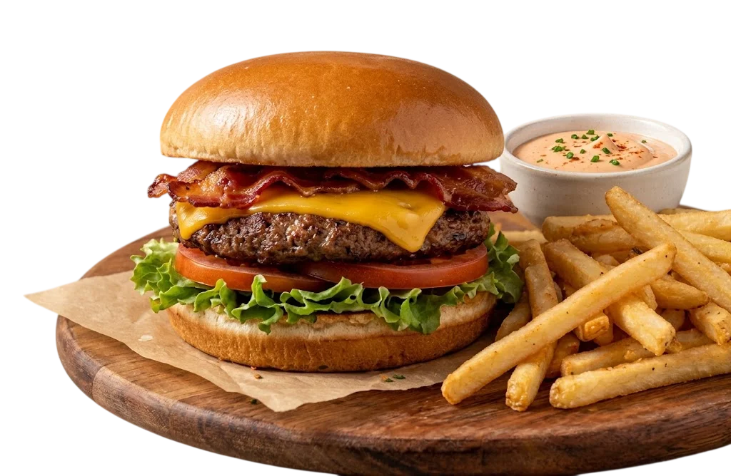 Classic American bacon cheeseburger with fries and dipping sauce