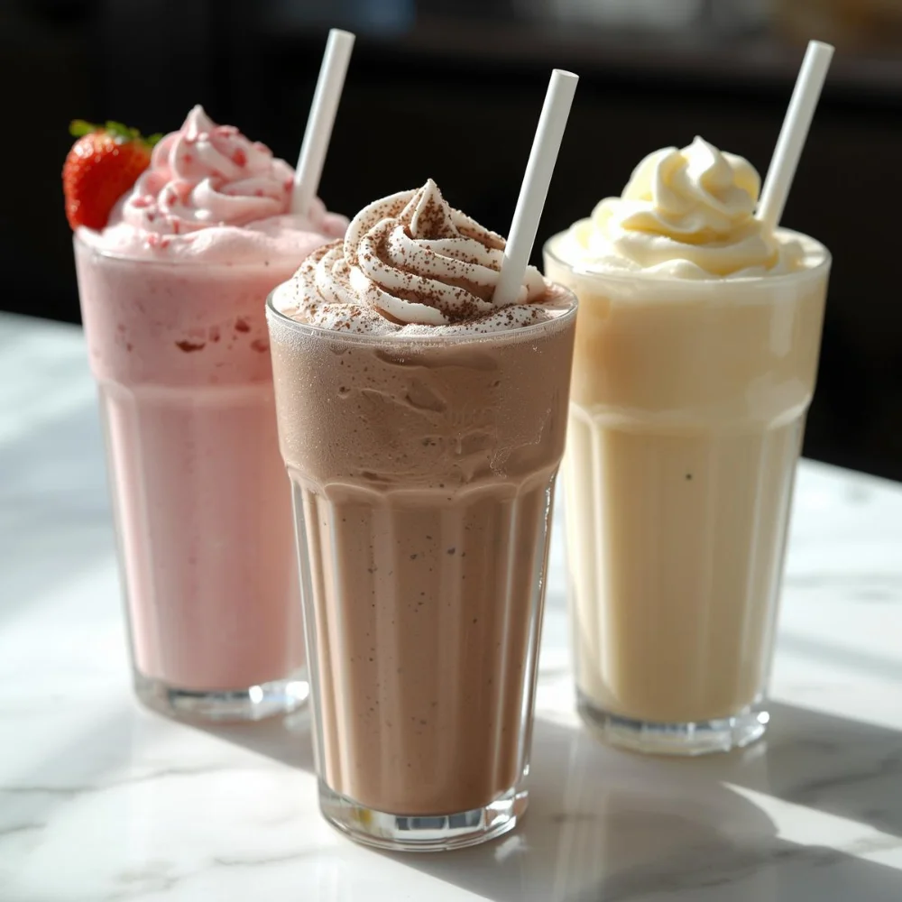 Three milkshakes: strawberry, chocolate, and vanilla in tall glasses