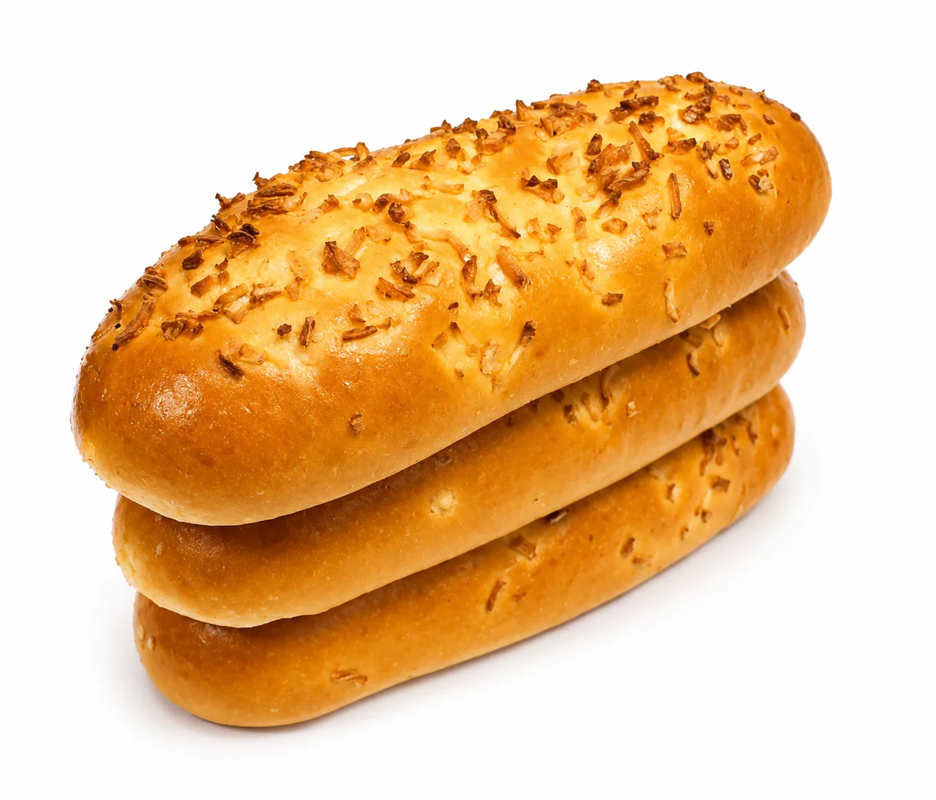 Three golden-brown bread rolls topped with crispy flakes.