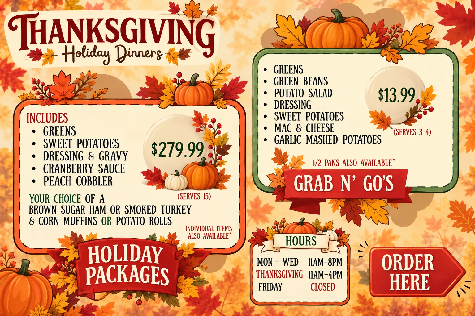 Thanksgiving dinner holiday catering menu with autumn leaves and seasonal offerings