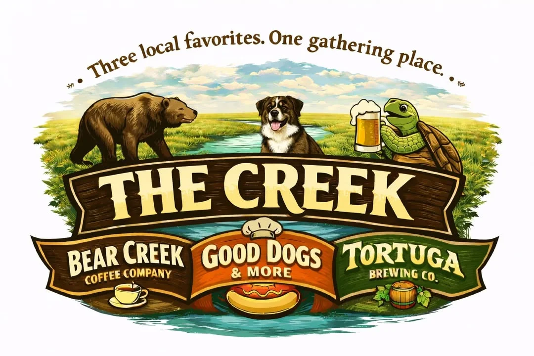 A colorful logo representing a gathering place with a bear, a dog, and a turtle, emphasizing local favorites.