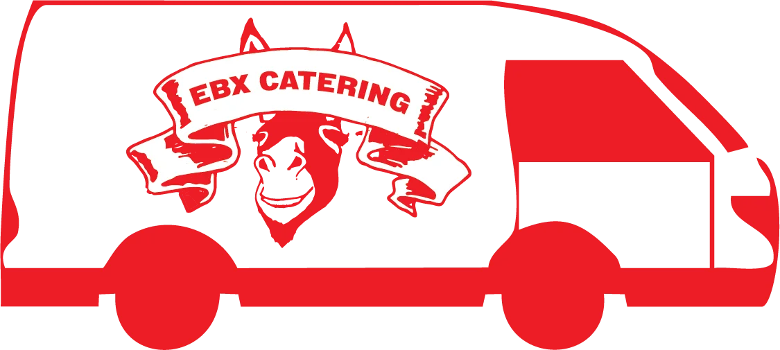 Catering van with a playful cow logo and EBX Catering branding