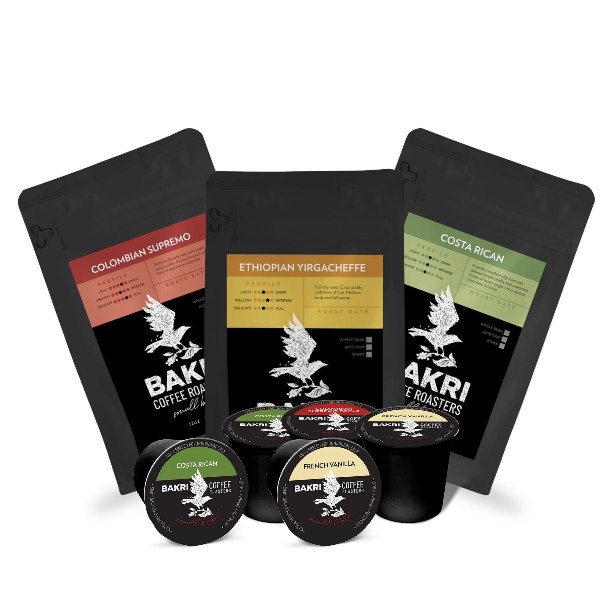 Variety of specialty coffee bags and pods from Bakri Coffee Roasters