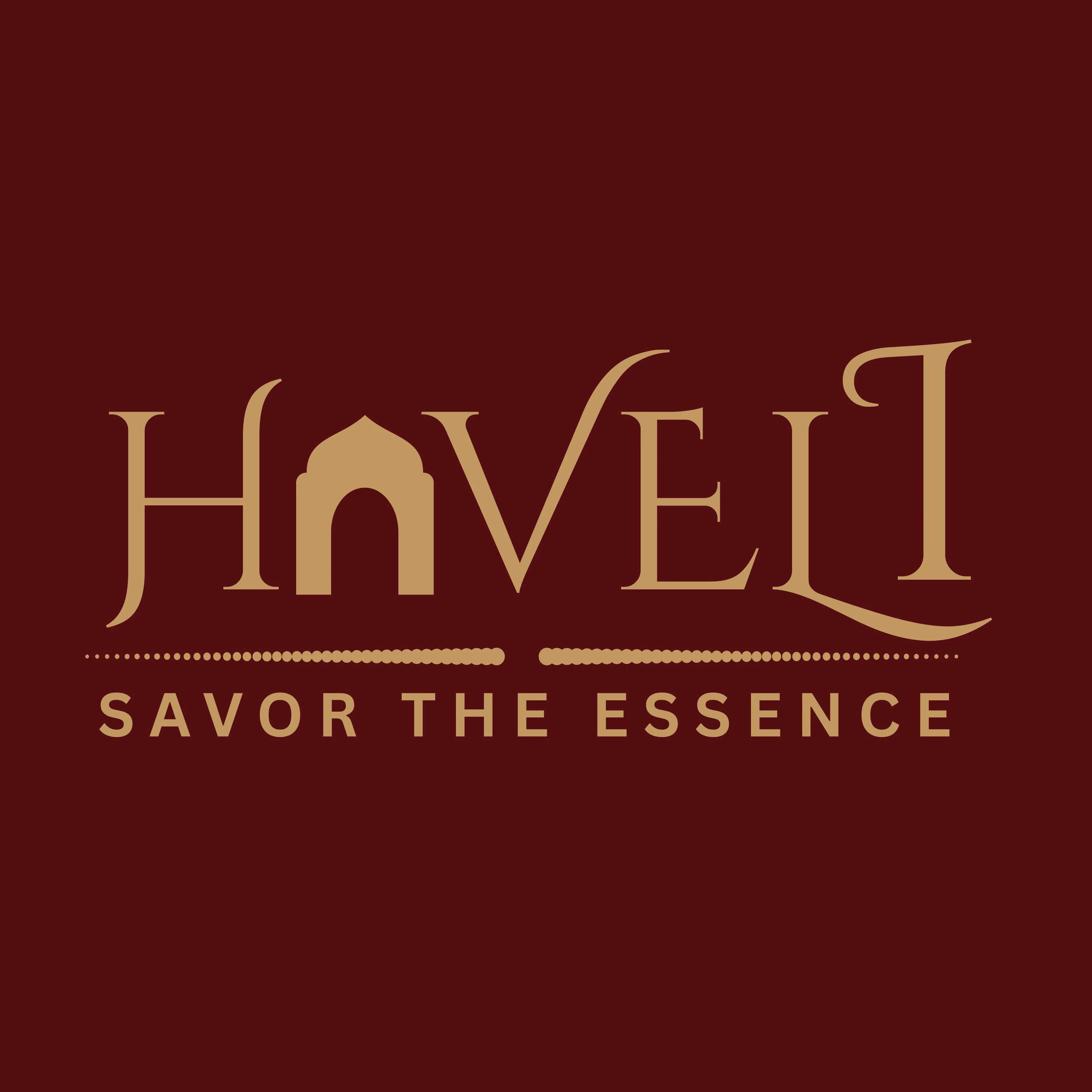 A stylish logo design featuring the word 'Haveli' accompanied by the phrase 'Savor the Essence.' The backdrop is a rich burgundy color.