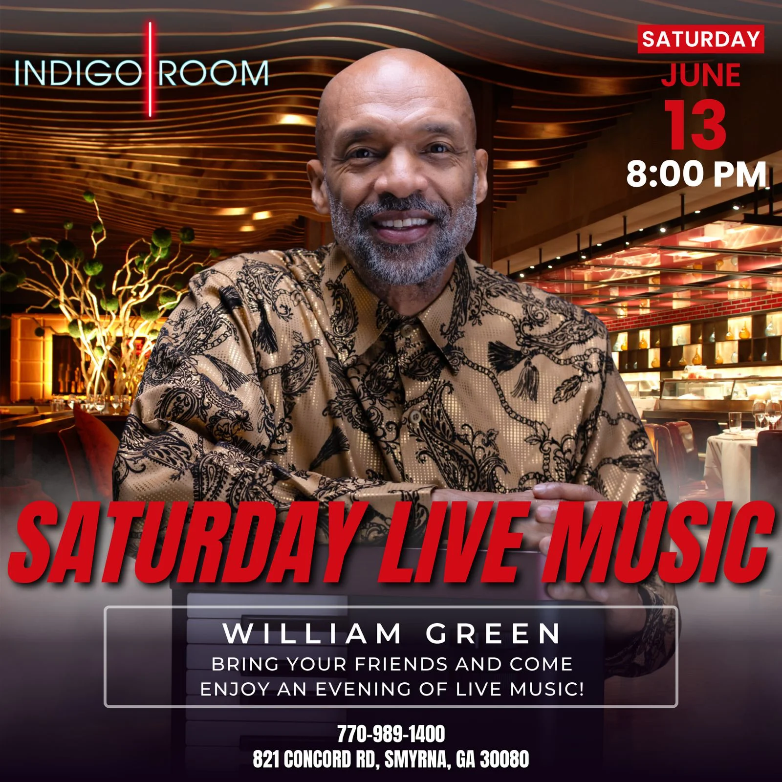 Promotional poster for R&B music event at Indigo Room in Smyrna, GA.