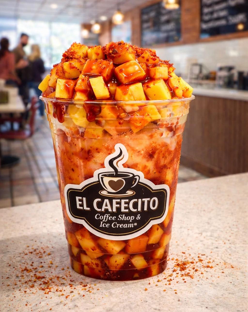 A colorful fruit cup with mango, chili, and sauce from El Cafecito.