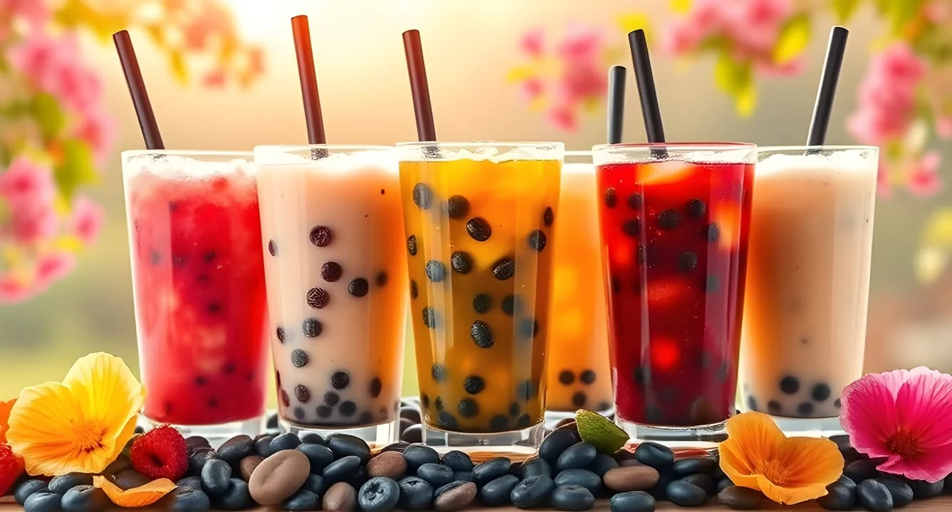 Colorful bubble tea drinks with fruit and tapioca pearls