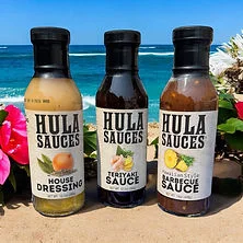 Three bottles of Hula Sauces: House Dressing, Teriyaki Sauce, Barbecue Sauce