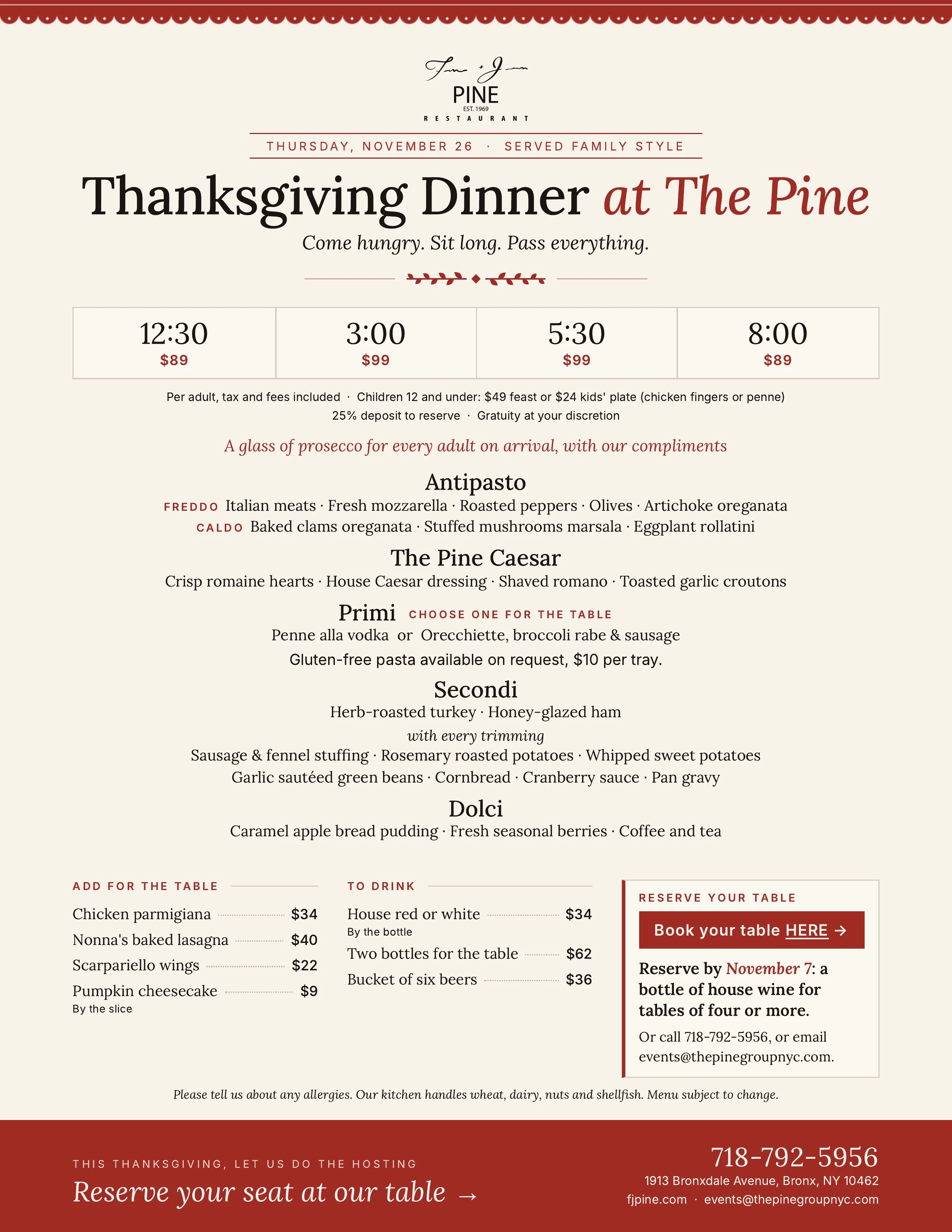 Elegant Thanksgiving dinner promotion flyer for an Italian restaurant