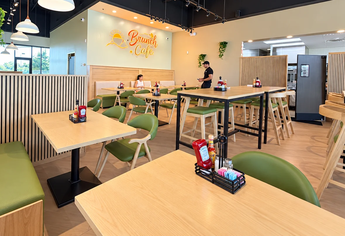 Stylish restaurant interior with vibrant decor and cozy seating