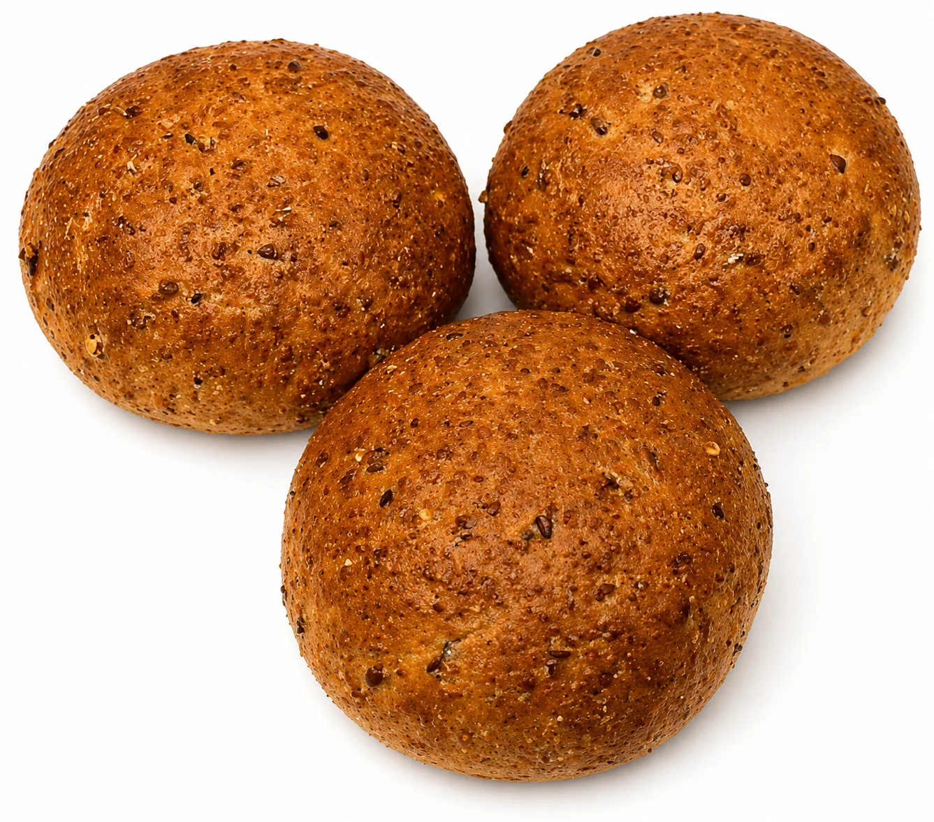 Three round, brown, crusty bread rolls on a white background.