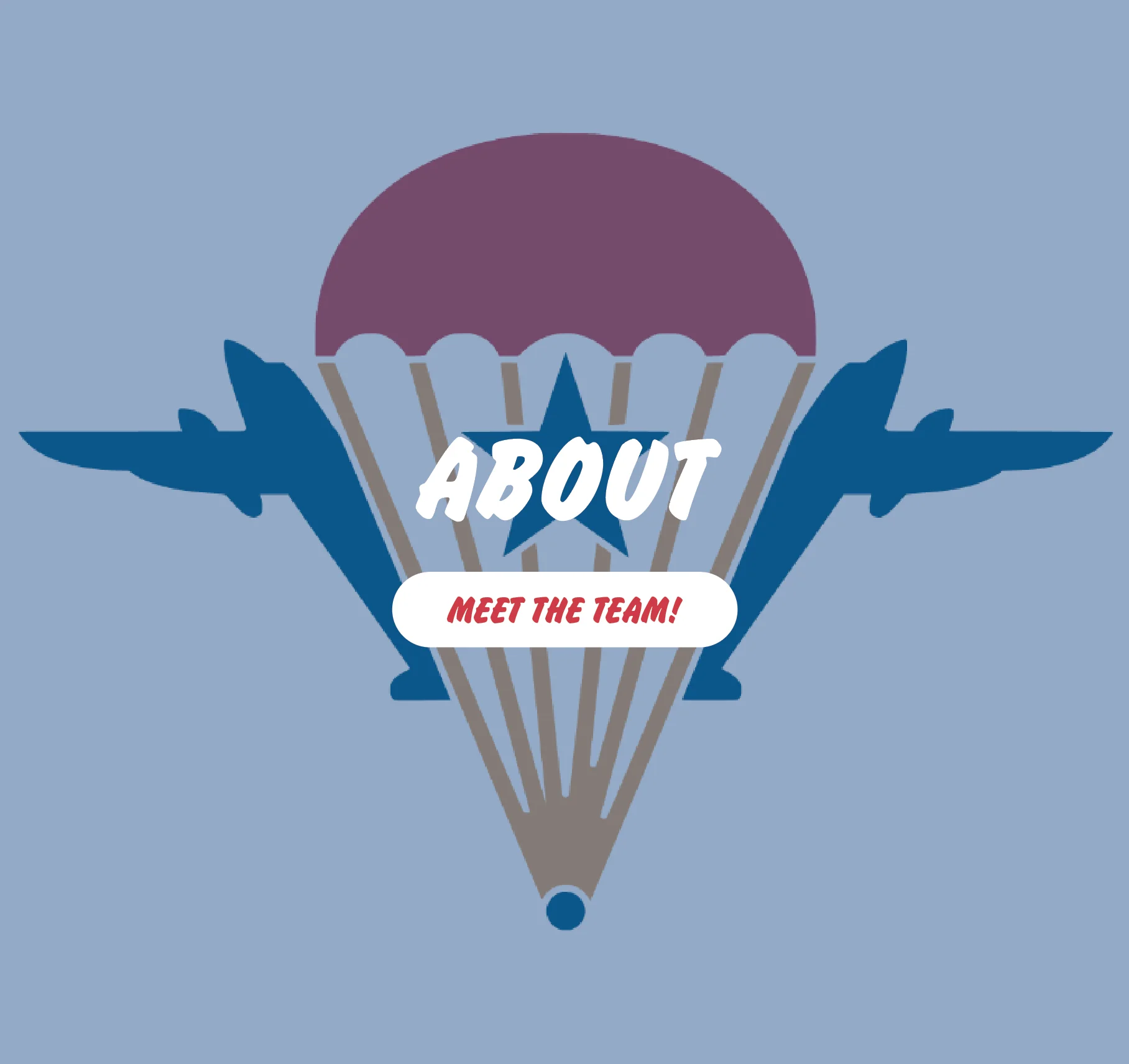 Graphic design featuring parachute and aircraft with 'Meet the Team!'