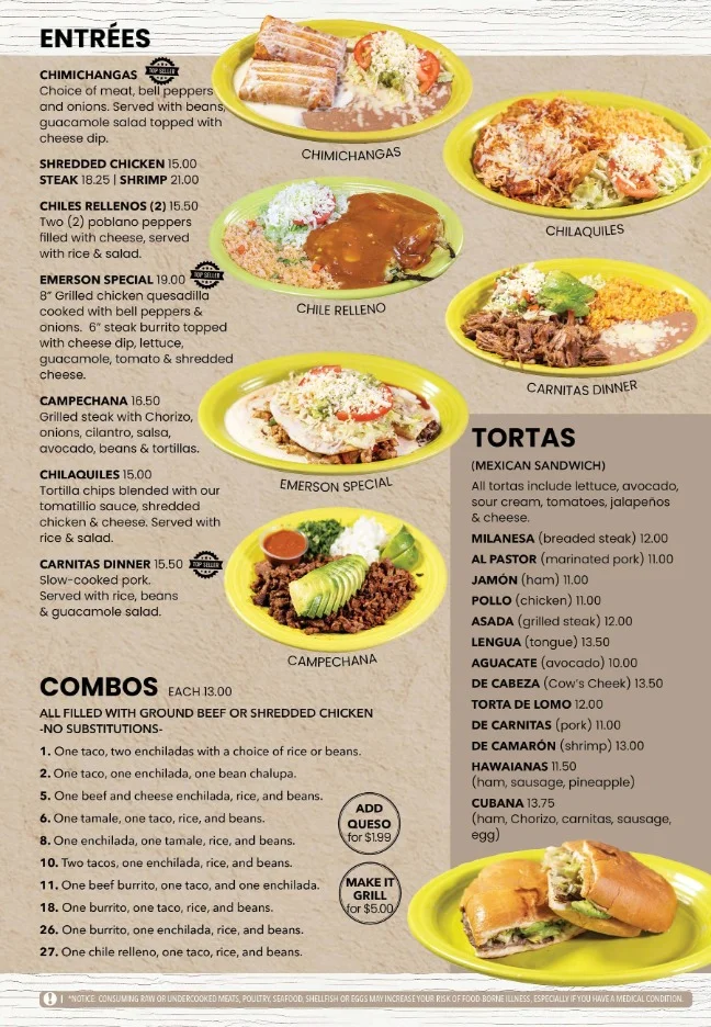 Mexican entrées including chimichangas and chilaquiles