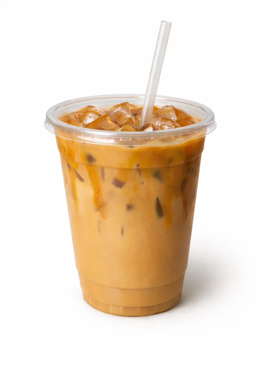 A cup of iced coffee filled with ice and topped with a straw, featuring a rich, creamy color.