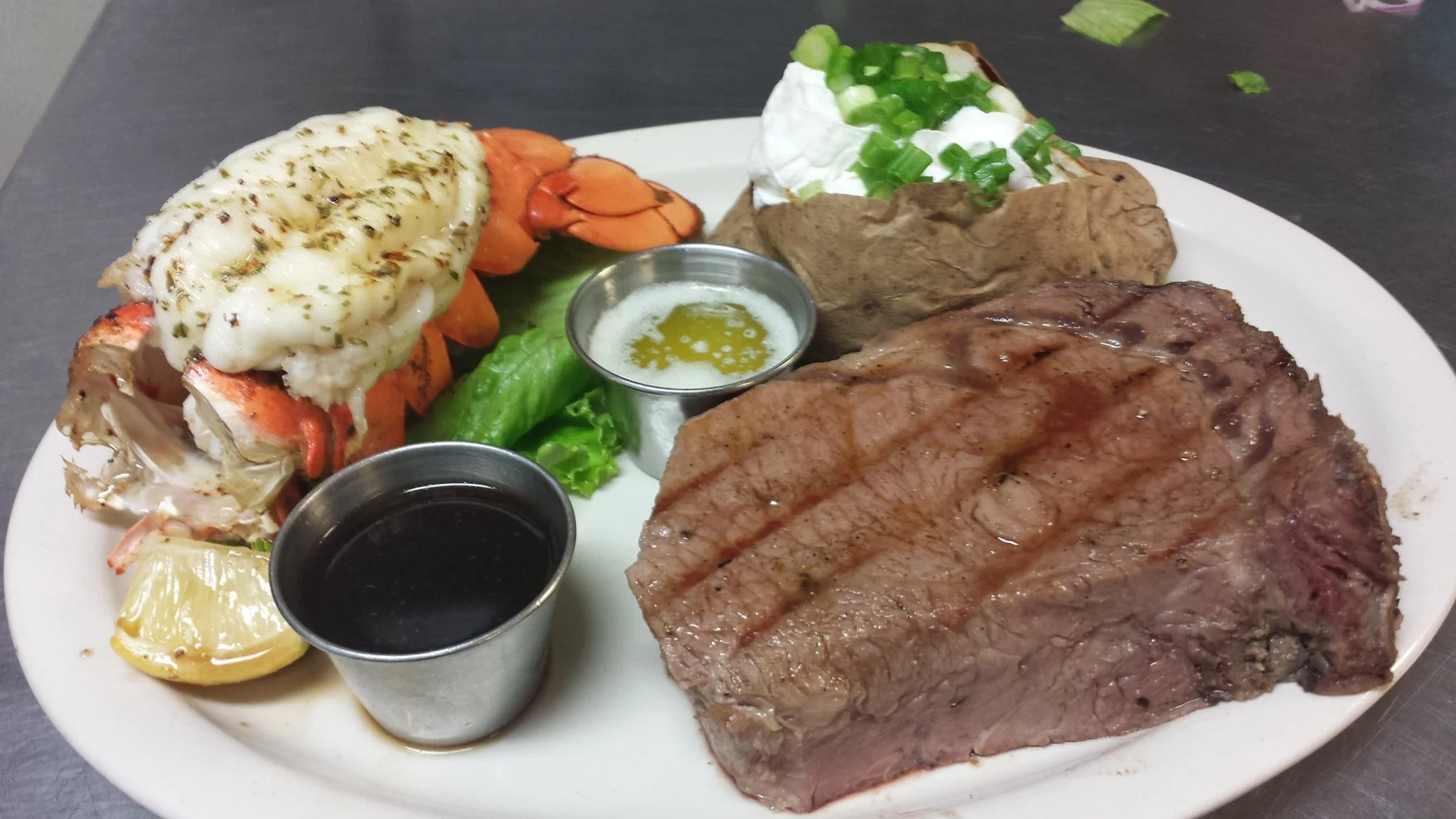 Surf and turf platter with steak and lobster tail