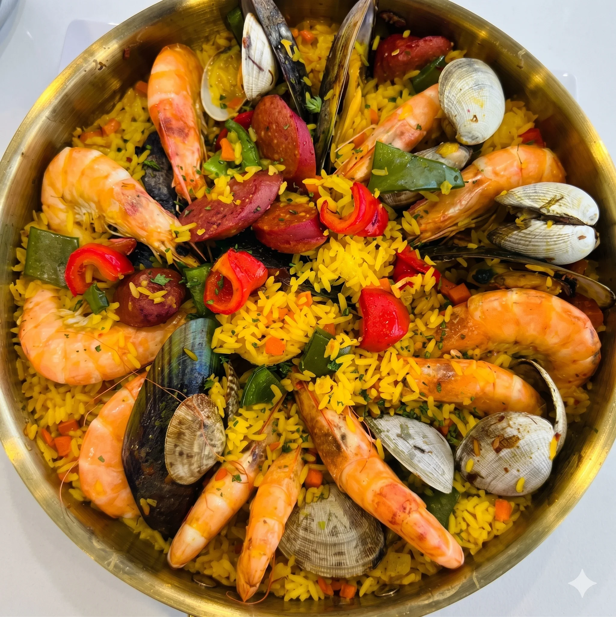 A vibrant seafood paella with shrimp, clams, and colorful vegetables.