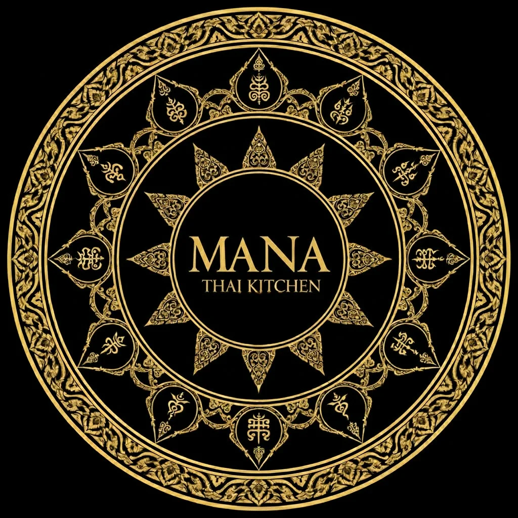 Logo of Mana Thai Kitchen with intricate gold design on a black background.