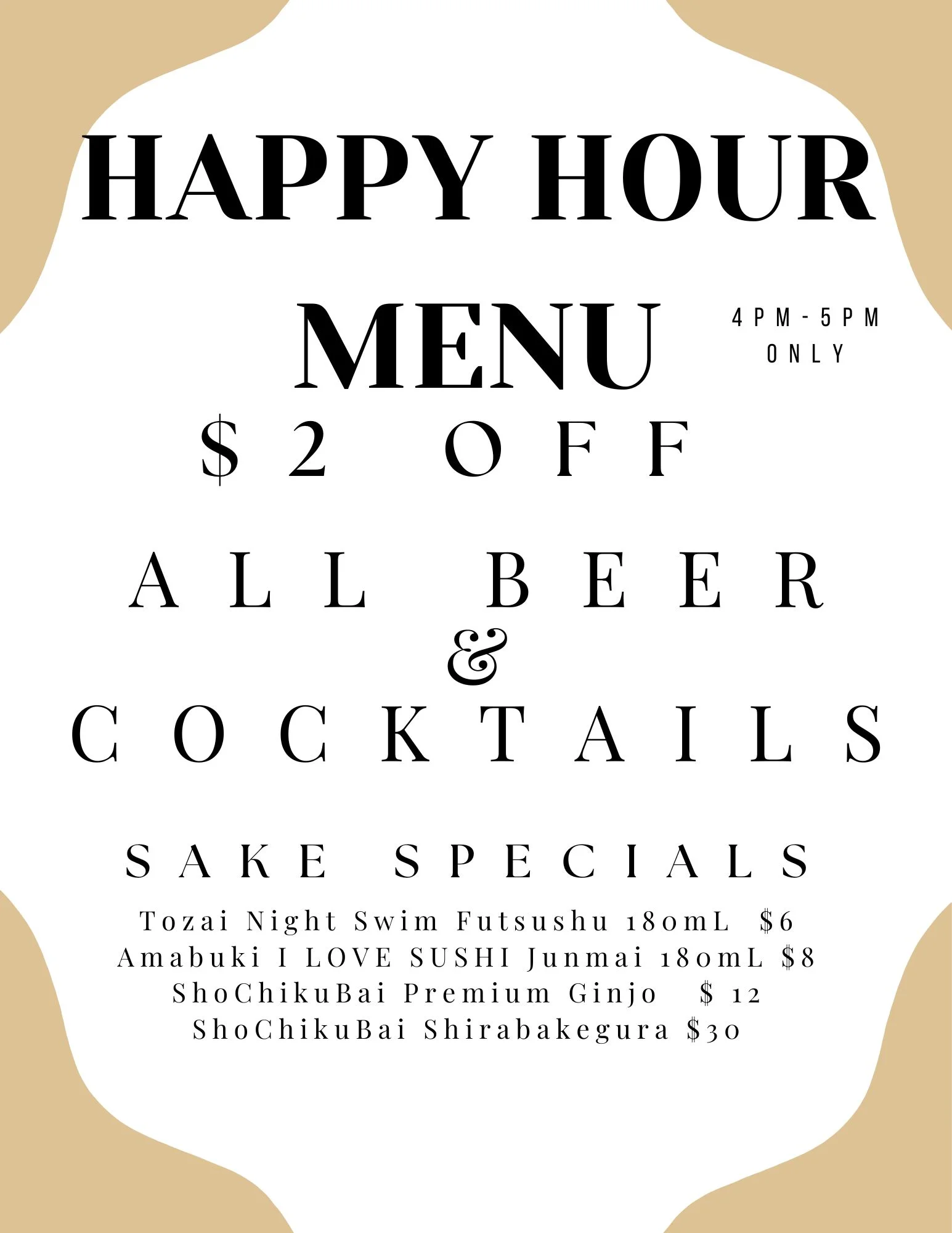 Happy Hour menu with drink specials and sake options.